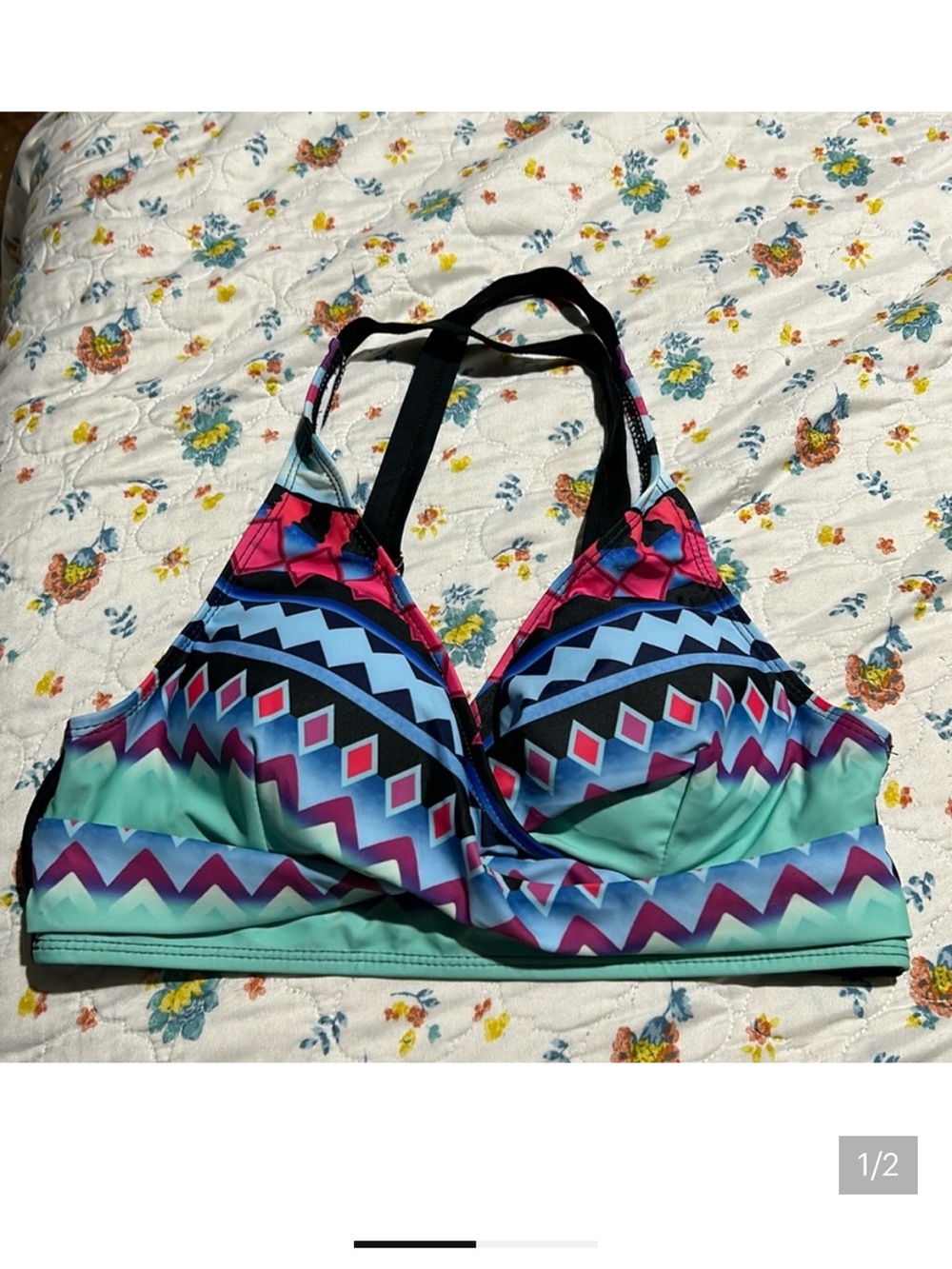 Geometric Print Racerback Bikini Top - Teal & Pink